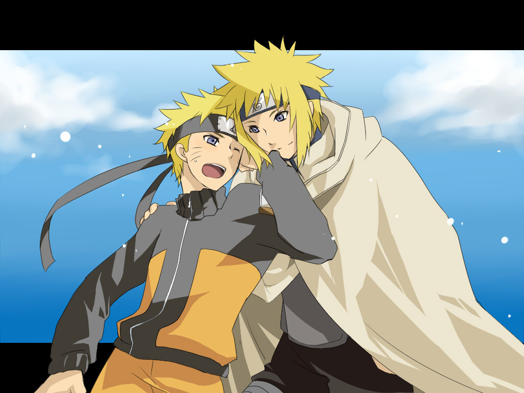 blue_eyes, father_and_son, forehead_protector, male, namikaze_minato, naruto, short_hair, smile, two_males, uzumaki_naruto, wink