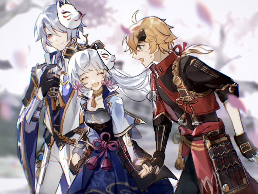 1girl, 2boys, agemaki_knot, ahoge, arm_at_side, arm_guards, armor, asymmetrical_armor