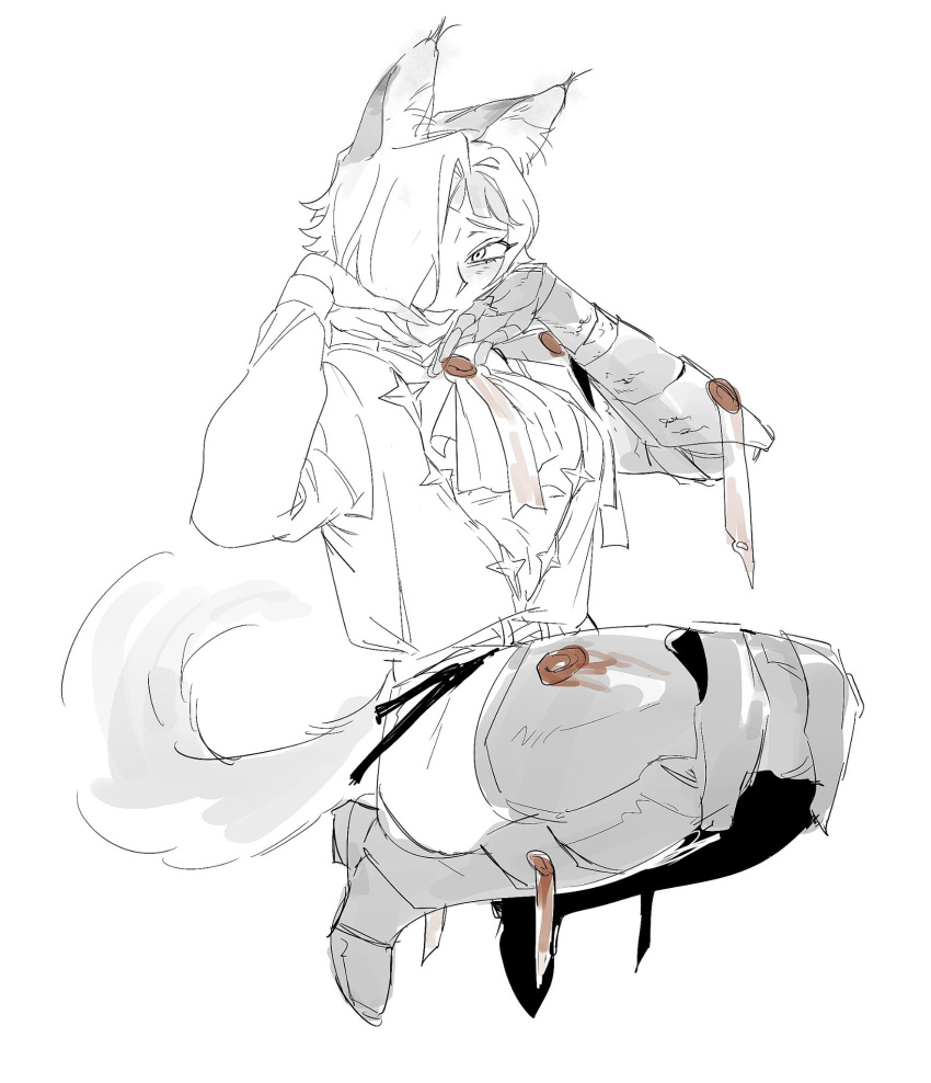 1girl, animal_ears, armored_boots, ascot, boots, gauntlets, greyscale, grin