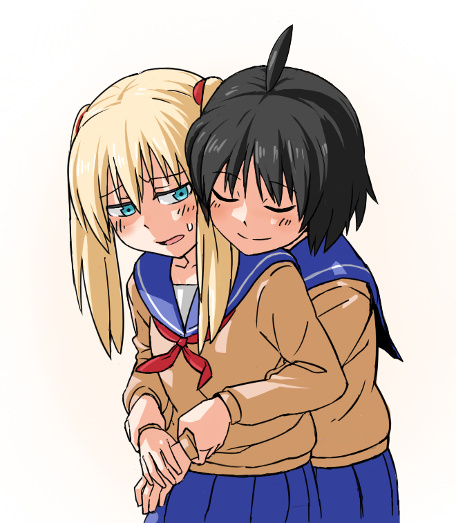 ahoge, back_hug, black_hair, blonde_hair, blue_eyes, blush, closed_eyes, hug