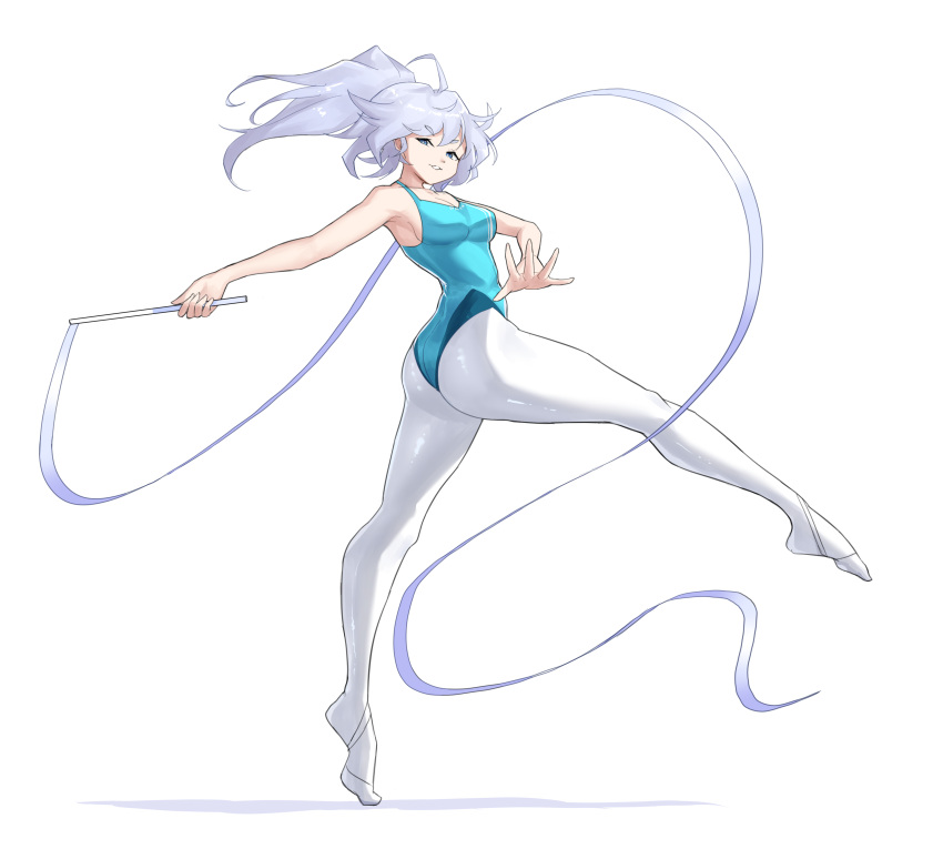 1girl, absurdres, armpits, blue_eyes, girls_frontline, gymnastics, gymnastics_ribbon, highres, leotard, official_alternate_costume, pa-15_(dance_in_the_ice_sea)_(girls'_frontline), pa-15_(girls'_frontline), pantyhose, ponytail, rhythmic_gymnastics, solo, standing, standing_on_one_leg, thighs, toe_shoes, tofu_(killer150), white_background, white_hair