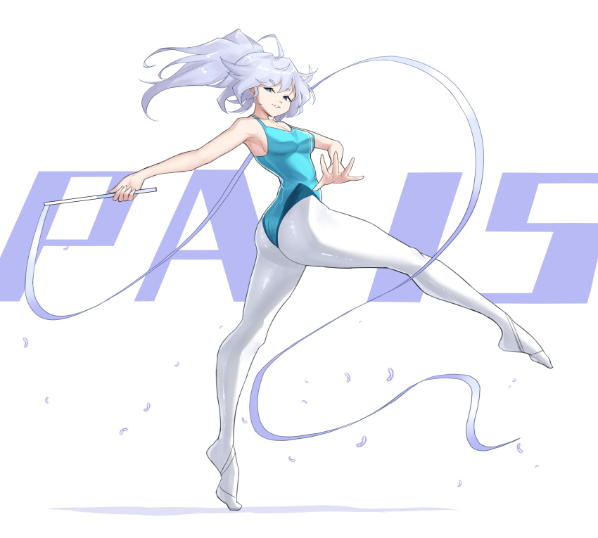 1girl, absurdres, armpits, blue_eyes, english_text, girls_frontline, gymnastics, gymnastics_ribbon