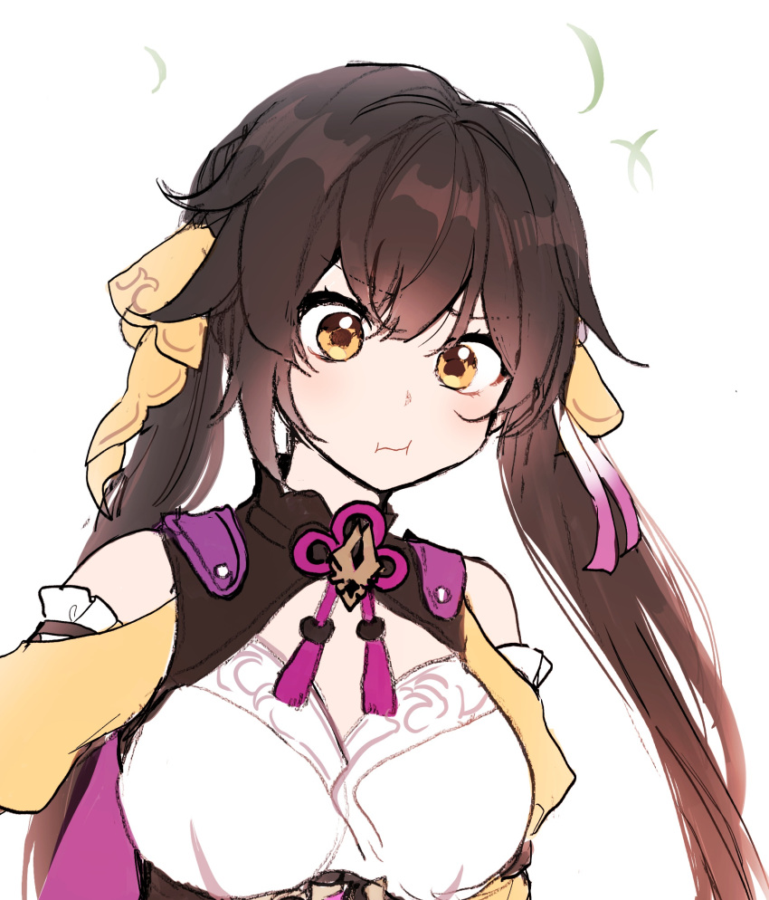 1girl, 5rwpvc, :i, brown_hair, detached_sleeves, hair_flaps, hair_ribbon, highres