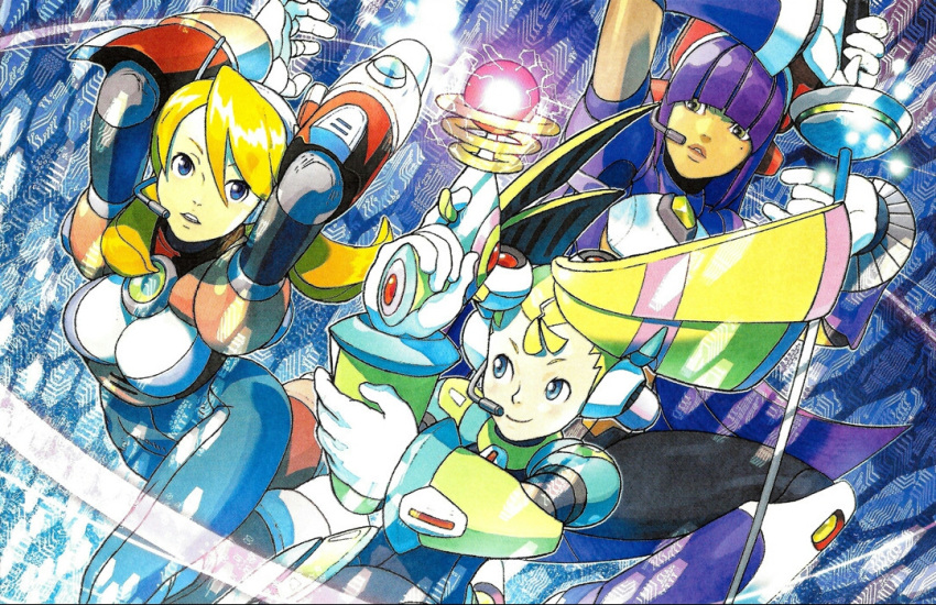3girls, alia_(mega_man), arms_up, blonde_hair, blue_eyes, capcom, gun, handgun
