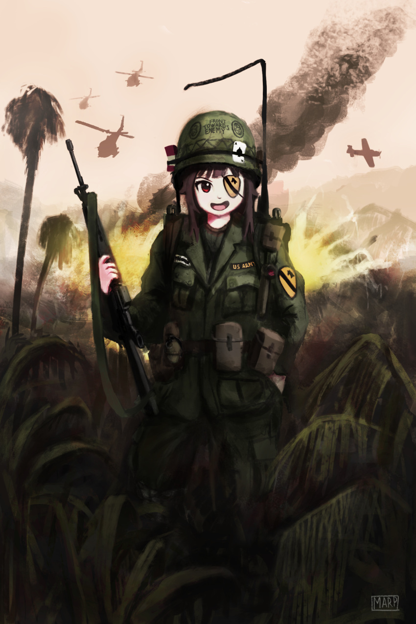 1girl, aircraft, airplane, assault_rifle, explosion, eyepatch, gun, helicopter
