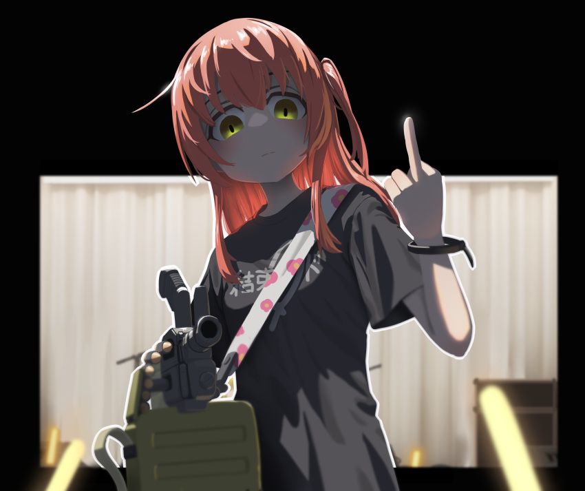 1girl, absurdres, ammunition_box, belt_feed, bocchi_the_rock!, commando_(movie), green_eyes, gun