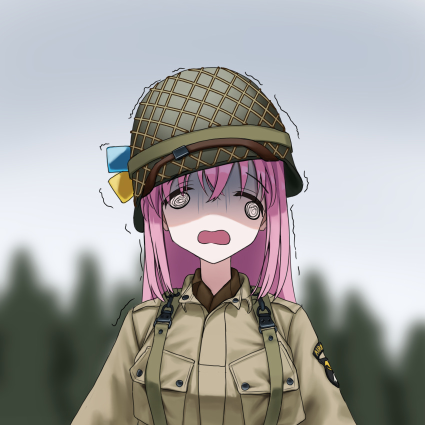 101st_airborne, 1girl, @_@, bocchi_the_rock!, breast_pocket, cube_hair_ornament, gotoh_hitori, hair_ornament