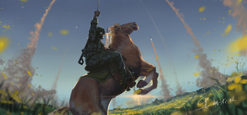 blue_sky, contrail, field, flower, flower_field, gas_mask, grass, helmet, highres, horseback_riding, launching, load_bearing_vest, mask, military, military_uniform, missile, original, people's_liberation_army, people's_liberation_army_rocket_force, riding, shouhui_lang_qun, signature, sky, smoke, sword, uniform, weapon, yellow_flower