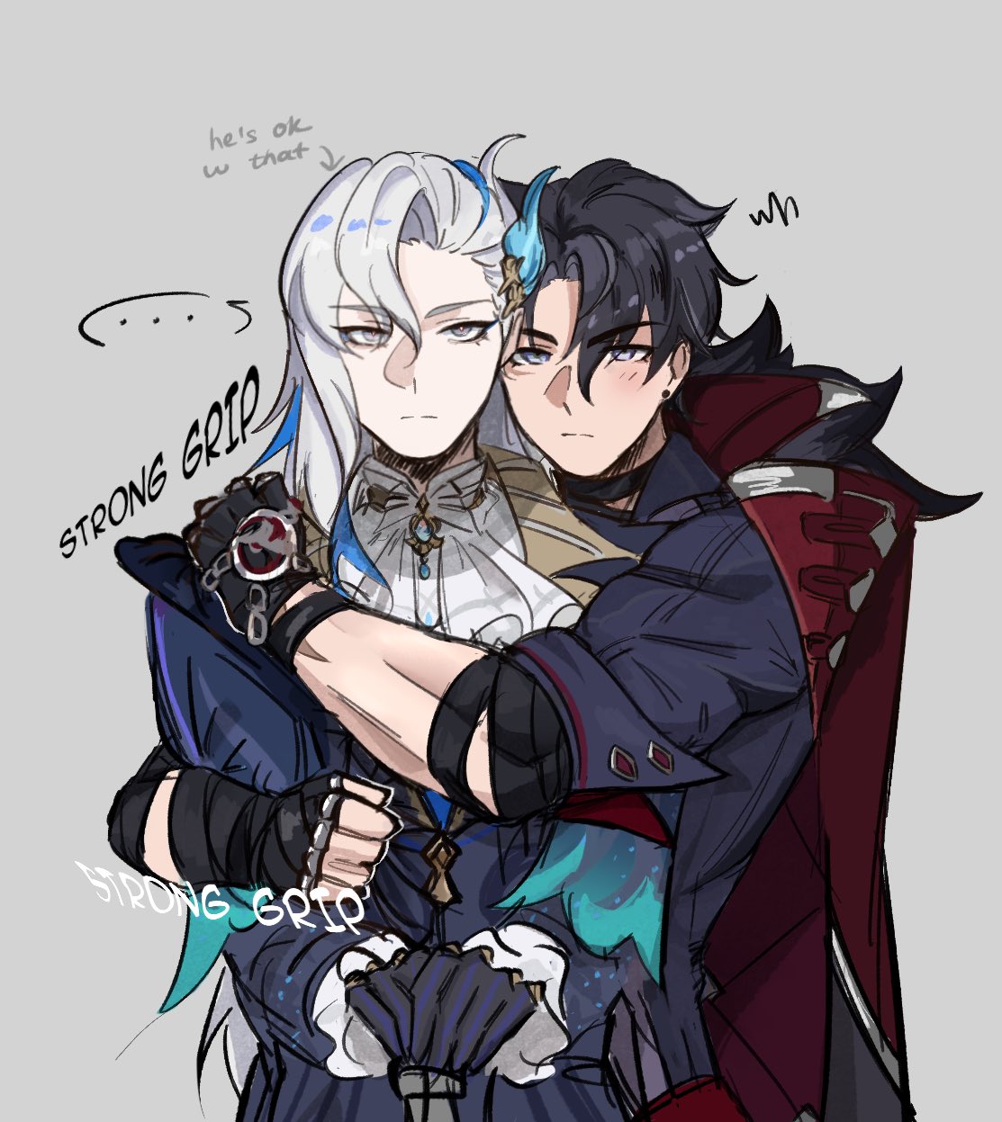 1aoisora1, 2boys, :|, ascot, black_gloves, black_hair, blue_sleeves, cane