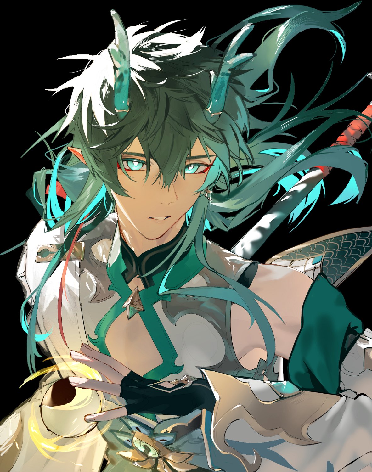 1boy, black_background, black_hair, chinese_clothes, dan_heng_(honkai:_star_rail), dan_heng_(imbibitor_lunae)_(honkai:_star_rail), detached_sleeves, dragon_boy, dragon_horns, fingerless_gloves, gloves, green_eyes, green_horns, hair_between_eyes, highres, honkai:_star_rail, honkai_(series), horns, looking_at_viewer, male_focus, open_hand, orb, parted_lips, pointy_ears, poziteiiwakan, red_eyeliner, simple_background, solo, yin_yang, yin_yang_orb