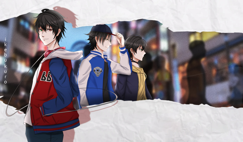 3boys, black_jacket, black_shirt, blue_jacket, brothers, buster_bros!!!, dar_rs, green_eyes