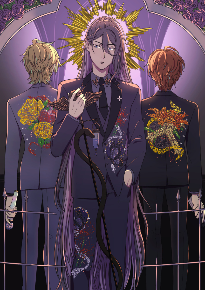 3boys, absurdres, black_necktie, black_pants, black_suit, blonde_hair, blue_eyes, brown_hair, flower, grey_suit, hair_between_eyes, hand_in_pocket, highres, holding, holding_microphone, hypnosis_mic, izanami_hifumi, jinguji_jakurai, kannonzaka_doppo, kirisaika, long_hair, male_focus, microphone, microphone_stand, multiple_boys, necktie, pants, purple_hair, suit, tie_clip, very_long_hair