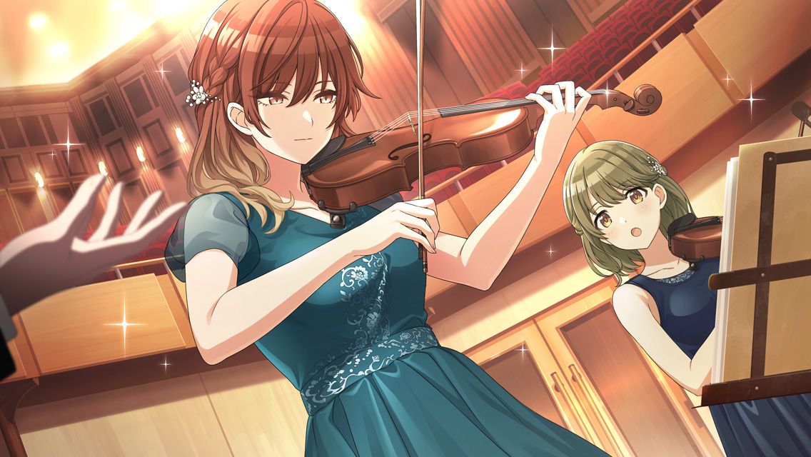 2girls, aketa_mikoto, bare_shoulders, blue_dress, blush, bow_(music), breasts, brown_eyes