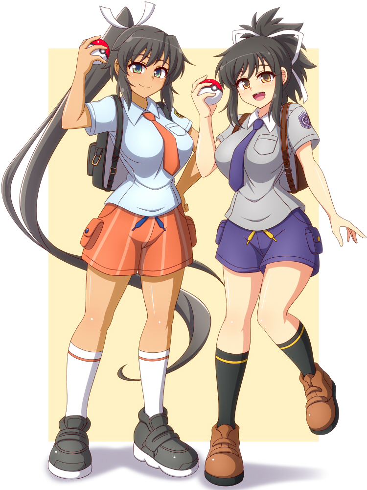 2girls, :d, asuka_(senran_kagura), backpack, bag, black_bag, black_footwear, black_hair