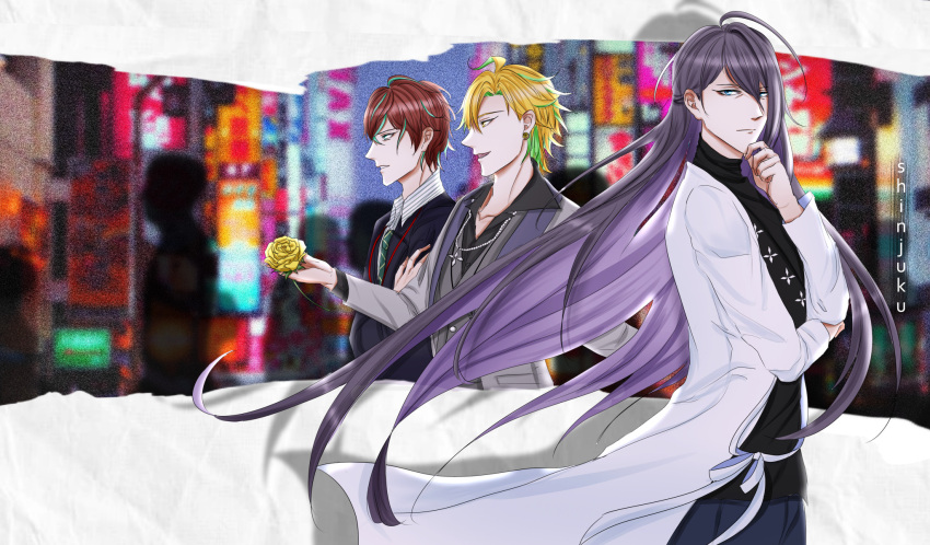3boys, aqua_hair, black_shirt, blonde_hair, blue_eyes, brown_hair, dar_rs, earrings, flower, green_hair, green_necktie, grey_jacket, grey_vest, hair_between_eyes, hand_up, highres, holding, holding_flower, hypnosis_mic, izanami_hifumi, jacket, jewelry, jinguji_jakurai, kannonzaka_doppo, lab_coat, long_hair, long_sleeves, looking_at_viewer, male_focus, matenro_(hypnosis_mic), multicolored_hair, multiple_boys, necktie, profile, purple_hair, shirt, standing, streaked_hair, suit, turtleneck, very_long_hair, vest