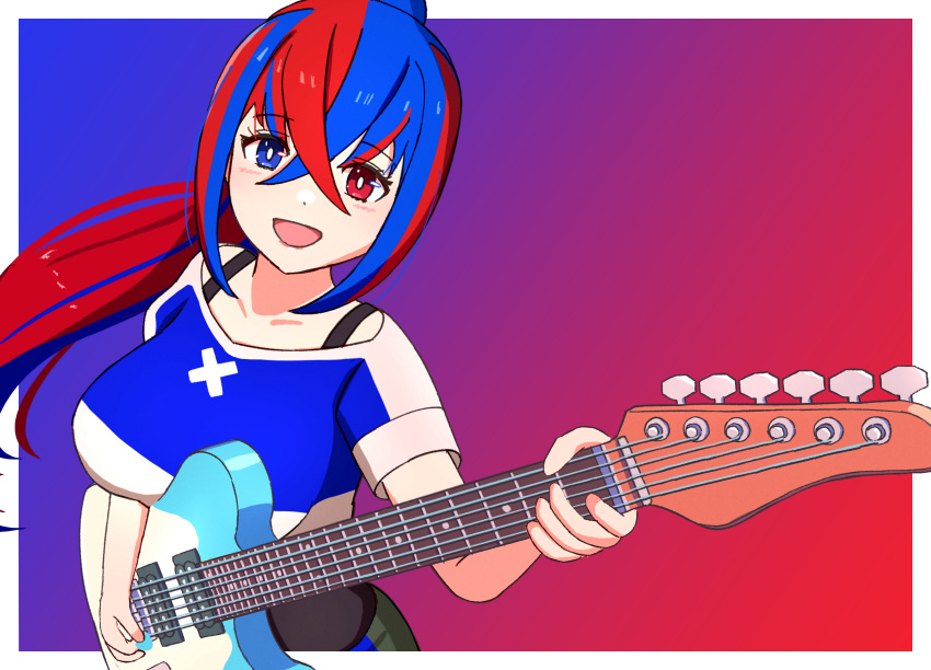1girl, alear_(female)_(fire_emblem), alear_(fire_emblem), blue_eyes, blue_hair, blush, crossed_bangs, fire_emblem, fire_emblem_engage, guitar, hair_between_eyes, heterochromia, highres, holding, holding_instrument, instrument, long_hair, looking_at_viewer, mgnk33, multicolored_hair, official_alternate_costume, open_mouth, ponytail, red_eyes, redhead, shirt, smile, upper_body