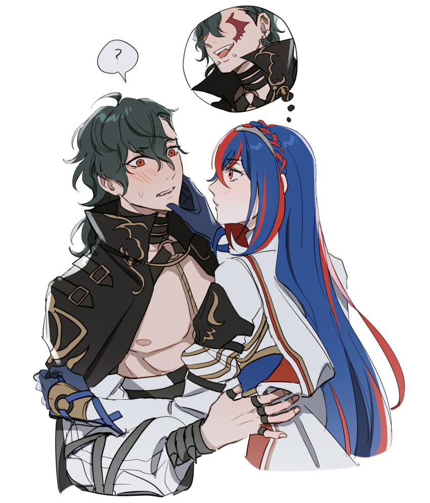 1boy, 1girl, ?, alear_(female)_(fire_emblem), alear_(fire_emblem), blush, cape, closed_mouth