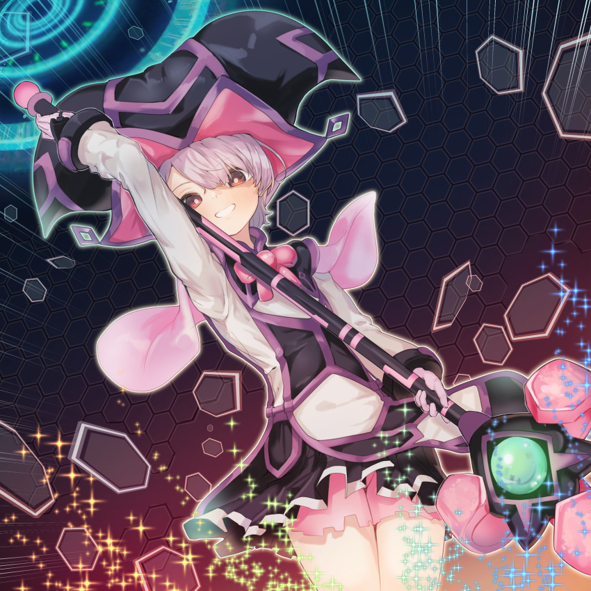 1girl, :d, absurdres, arm_up, cowboy_shot, cyberse_sage, dress, duel_monster, foeyp, gloves, grey_hair, hat, highres, holding, holding_staff, long_sleeves, red_eyes, short_hair, smile, solo, staff, yu-gi-oh!