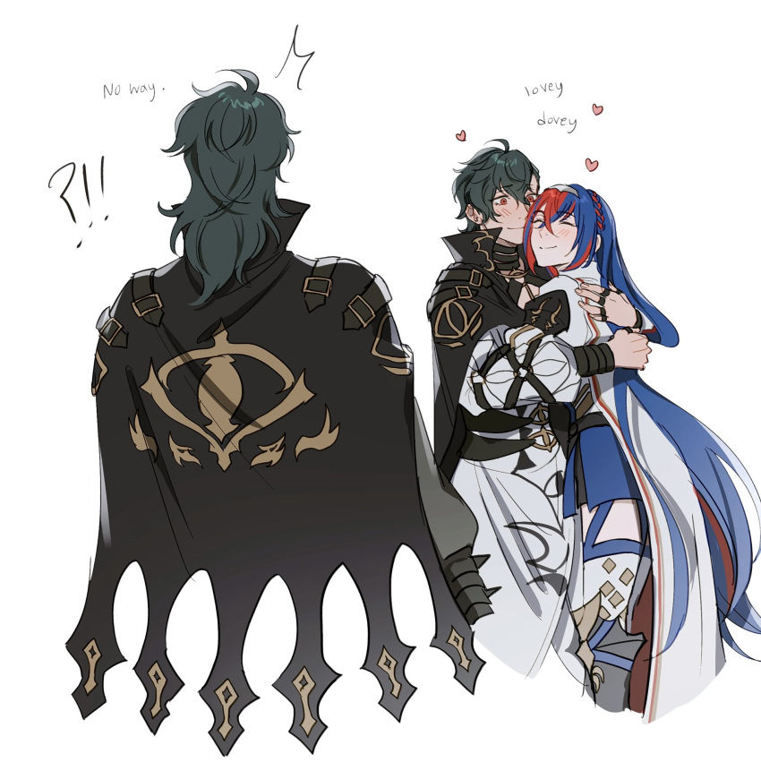 1boy, 1girl, alear_(female)_(fire_emblem), alear_(fire_emblem), blush, cape, closed_eyes, closed_mouth, fire_emblem, fire_emblem_engage, green_hair, gregory_(fire_emblem), hair_between_eyes, highres, hug, long_hair, long_sleeves, looking_at_another, multicolored_hair, oratoza, red_eyes, short_hair, skirt, tiara, two-tone_hair, very_long_hair, white_background