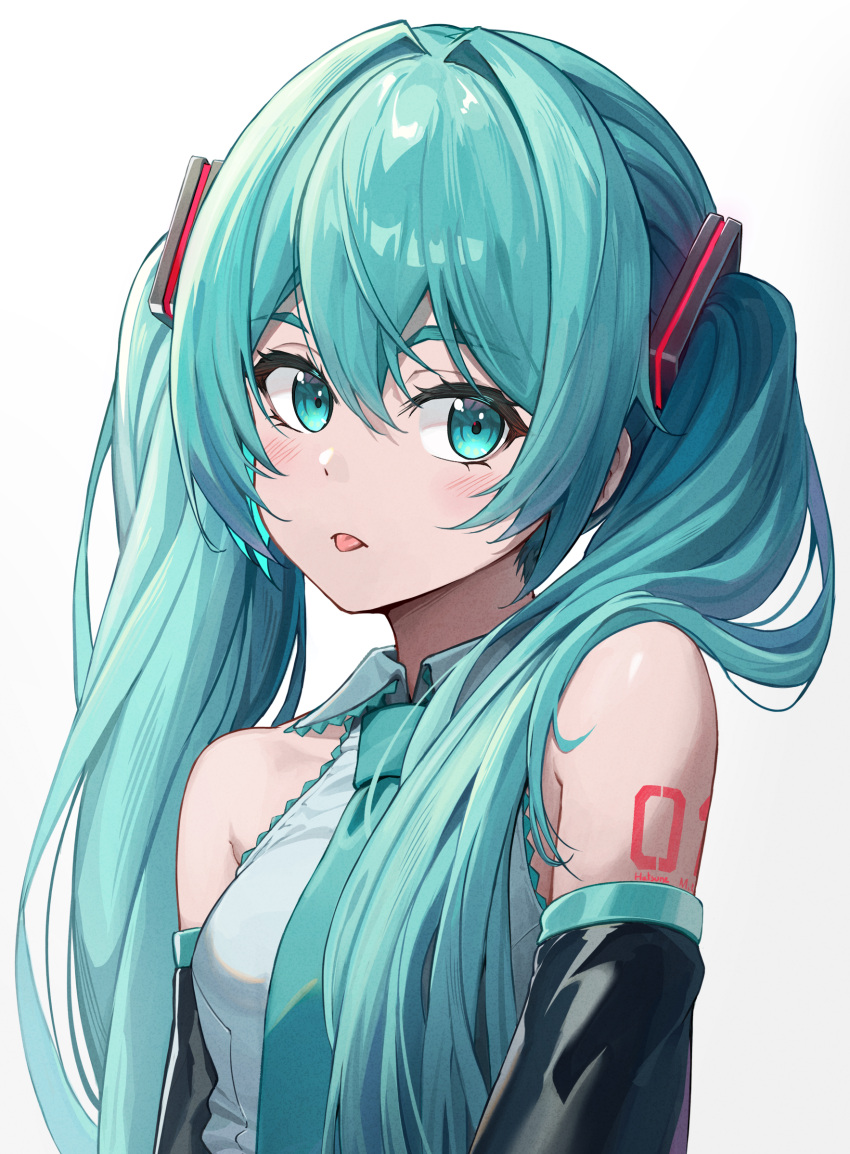 1girl, :p, aqua_eyes, aqua_hair, aqua_necktie, bare_shoulders, bib_(bibboss39), blush