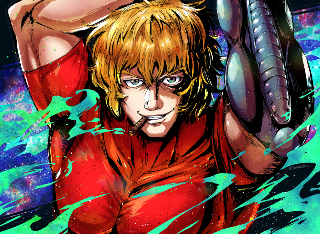 1boy, biceps, cigar, cobra_(space_adventure_cobra), covered_collarbone, green_eyes, hair_between_eyes, male_focus
