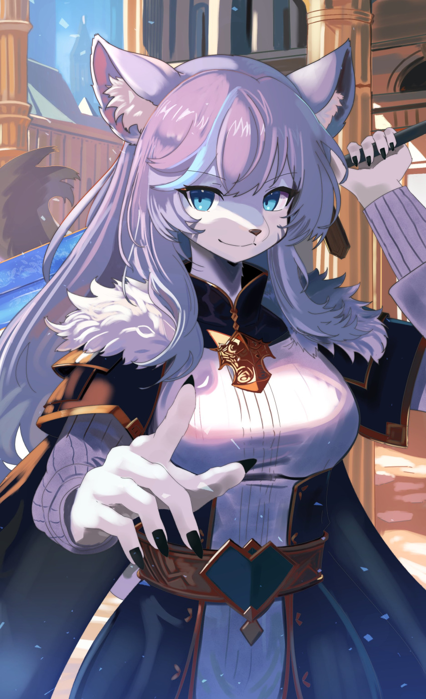 1girl, absurdres, animal_ears, animal_nose, black_cape, black_jacket, black_nails, blue_eyes