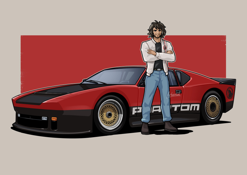 1boy, arhentol, artist_name, black_footwear, black_hair, black_shirt, blue_pants, car