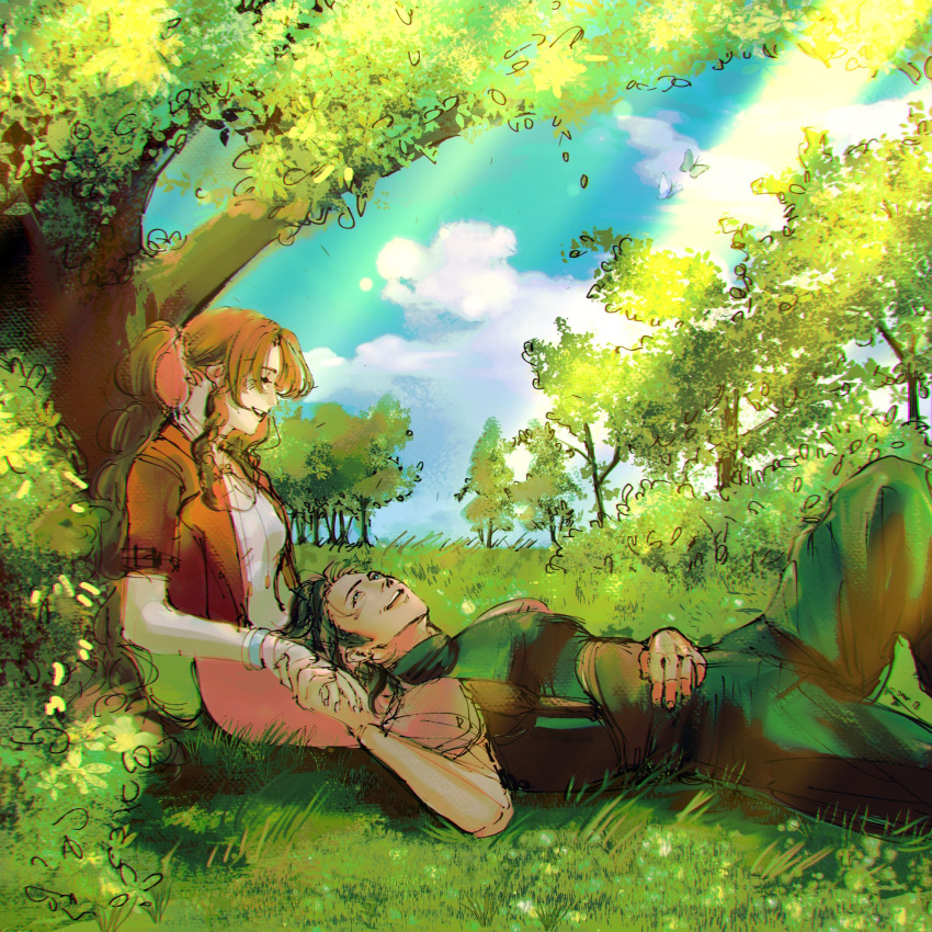 1boy, 1girl, aerith_gainsborough, armor, baggy_pants, bangle, black_hair, blue_sky
