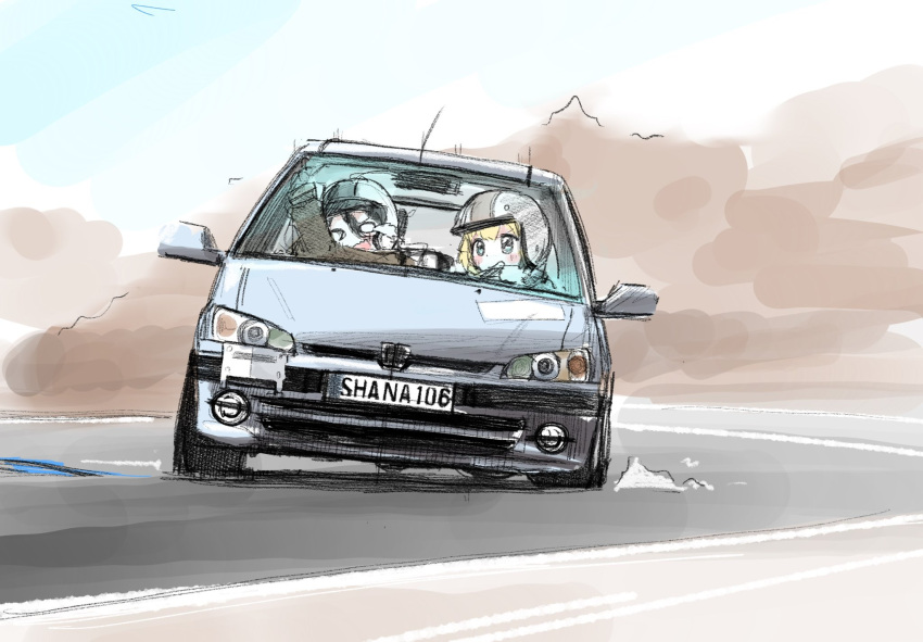 2girls, black_hair, black_jacket, blonde_hair, blue_eyes, blush, driving, dust