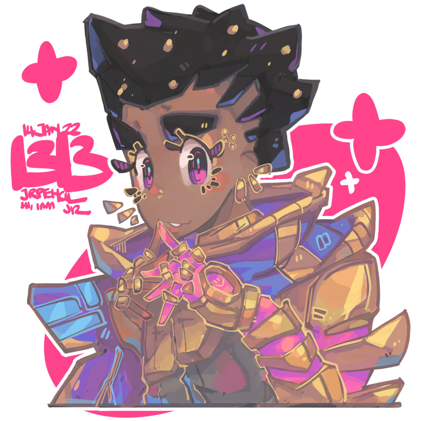 1girl, animification, artist_name, astra_(valorant), black_hair, blue_capelet, capelet, cornrows