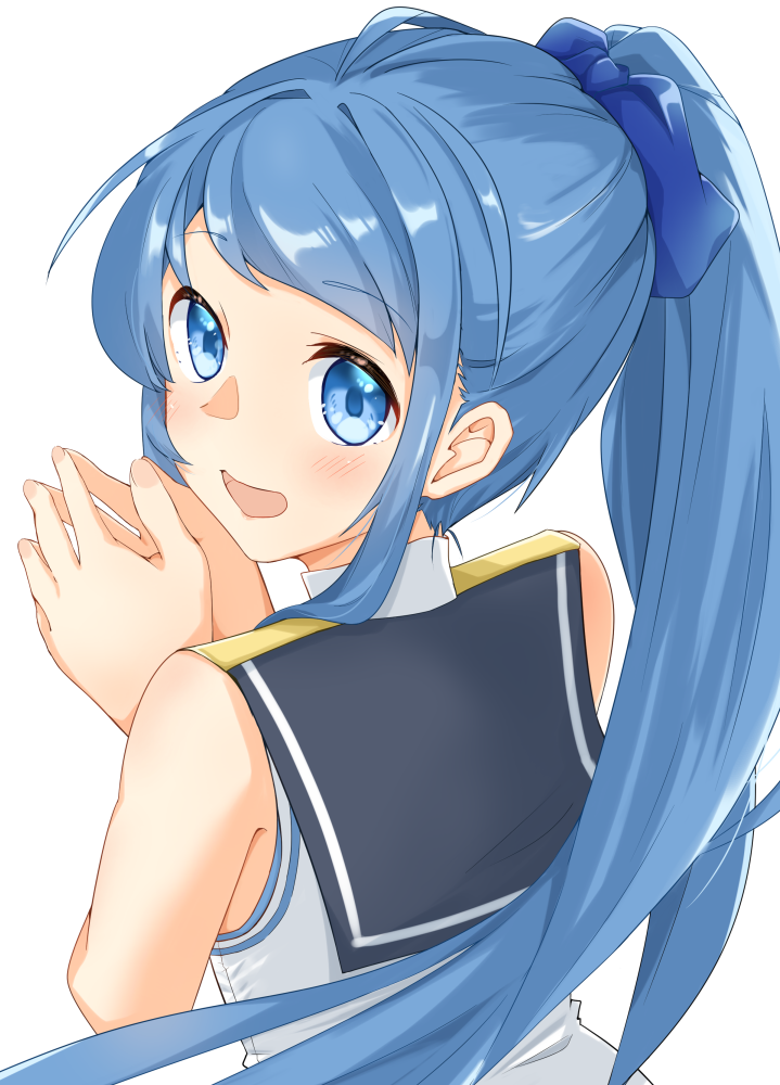 1girl, alternate_hairstyle, blue_eyes, blue_hair, kantai_collection, long_hair, looking_back, makinoki, own_hands_together, ponytail, sailor_collar, samidare_(kancolle), school_uniform, serafuku, simple_background, very_long_hair