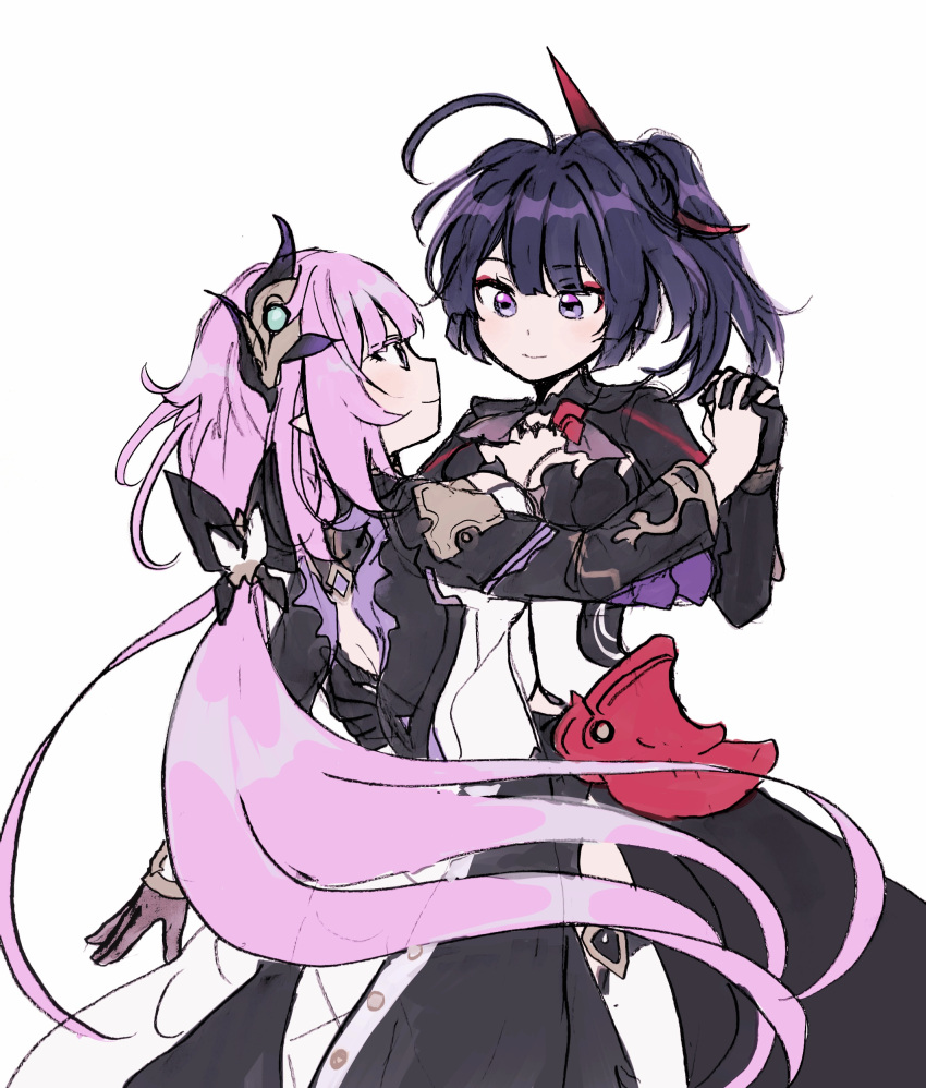 2girls, 5rwpvc, absurdres, ahoge, black_bow, black_dress, black_gloves, bow