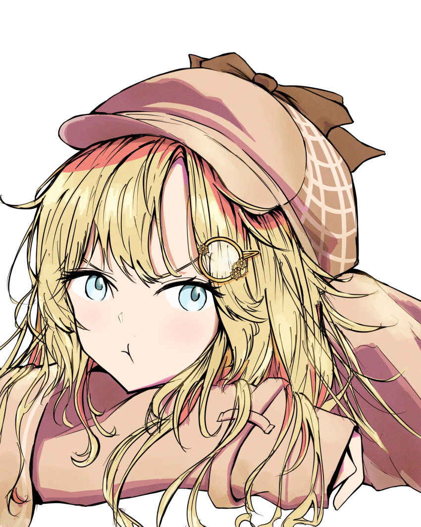 1girl, absurdres, blonde_hair, blue_eyes, deerstalker, eyebrows_hidden_by_hair, hair_ornament, hat, highres, hololive, hololive_english, igh, looking_to_the_side, monocle_hair_ornament, pout, simple_background, sleeves_past_wrists, virtual_youtuber, watson_amelia, white_background