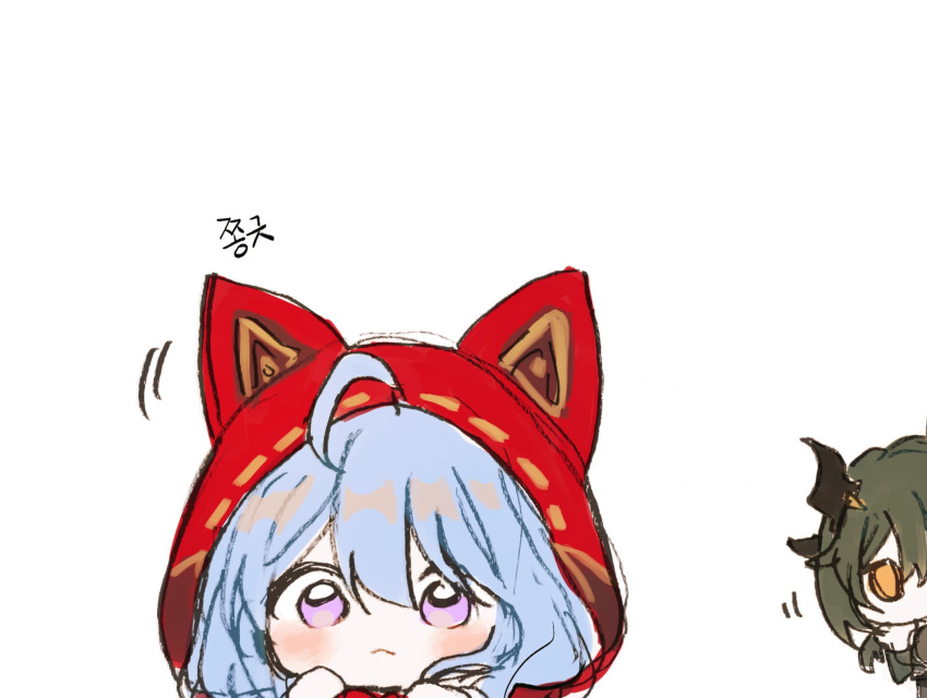 1boy, 1girl, 5rwpvc, ahoge, blue_hair, chibi, closed_mouth, green_hair