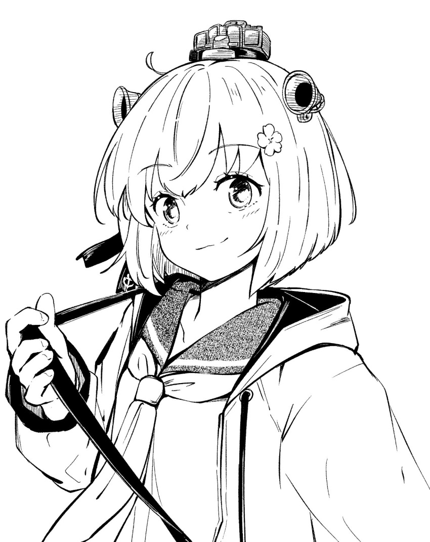 1girl, drawstring, dress, flower, greyscale, hair_flower, hair_ornament, headgear