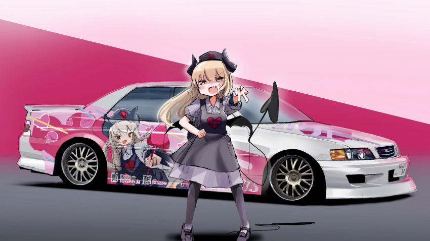 1girl, black_dress, black_footwear, black_headwear, black_pantyhose, blush, brown_eyes, character_request, collared_dress, copyright_request, demon_girl, demon_horns, demon_tail, dress, fang, floating_hair, grey_dress, gyaru_v, hand_on_own_hip, hat, highres, hikageno, horns, itasha, long_hair, looking_at_viewer, nurse_cap, pantyhose, skin_fang, smile, solo, tail, toyota, toyota_chaser, v, v-shaped_eyebrows, vehicle_focus