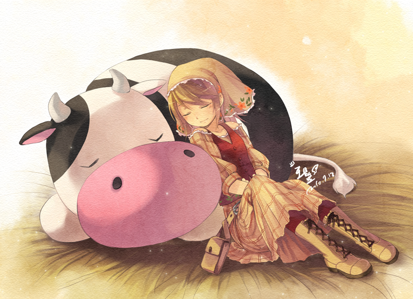 boots, closed_eyes, cow, cross-laced_footwear, daphine78805, harvest_moon, harvest_moon_twin_villages, hay, head_scarf, lace-up_boots, lillian_(harvest_moon), long_hair, short_hair, skirt, sleeping, vest