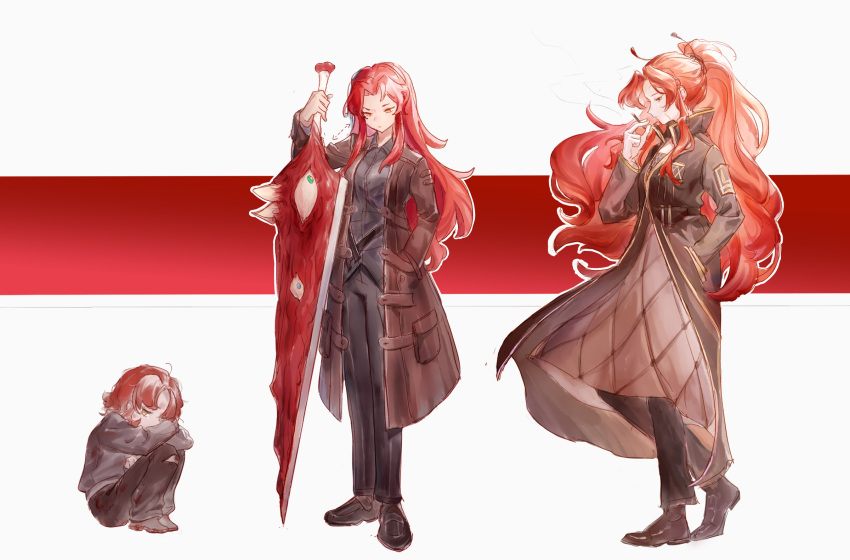 1girl, age_progression, as-zero, black_coat, black_footwear, black_pants, black_shirt, brown_coat