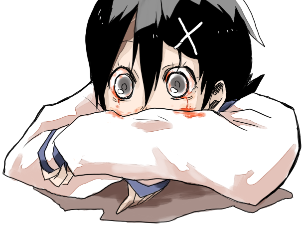 bleeding, blood, bloodshot_eyes, bloody_tears, covering_face, crossed_arms, fuura_kafuka, grey_eyes, hair_ornament, hairclip, richa_doa, sayonara_zetsubou_sensei, school_uniform, serafuku, short_hair, simple_background, solo, tears