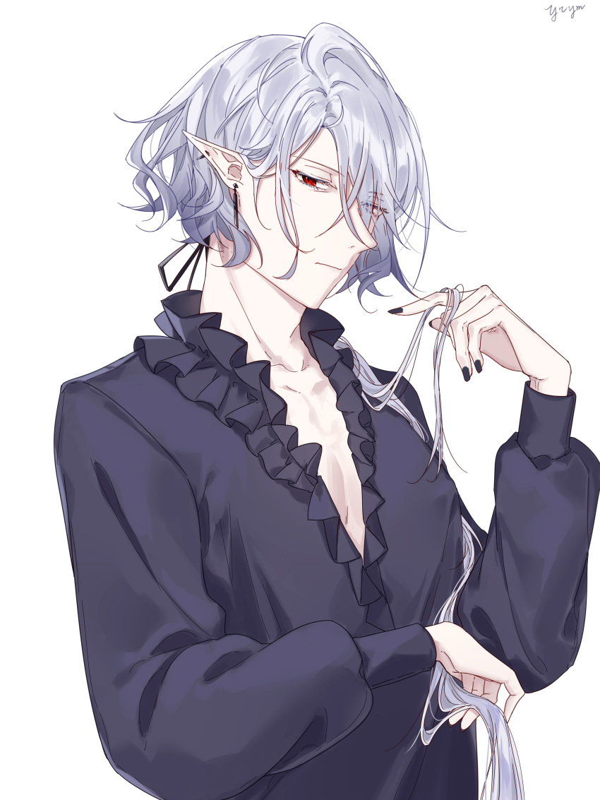 1boy, absurdres, arknights, black_nails, black_shirt, closed_mouth, ear_piercing, earrings