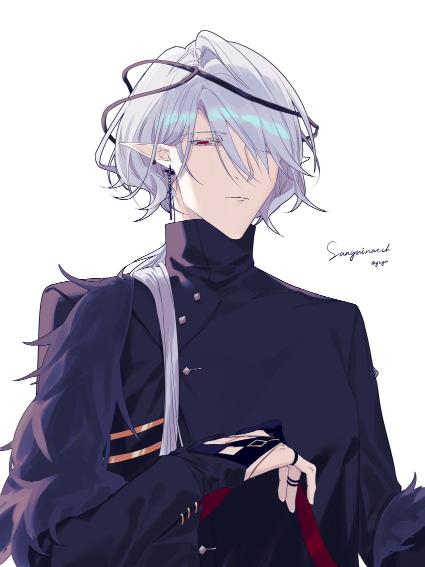 1boy, absurdres, arknights, black_gloves, black_shirt, character_name, gloves, grey_hair