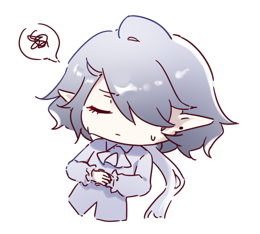 arknights, chibi, closed_eyes, closed_mouth, collared_shirt, cropped_torso, earrings, facing_viewer