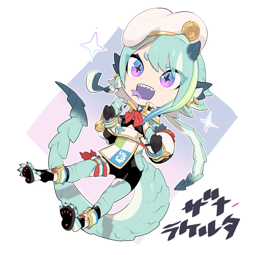 1girl, absurdres, animal_feet, animal_hands, aqua_hair, aqua_scales, aqua_skin, black_shorts