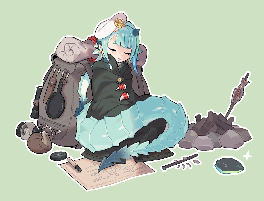 1girl, aqua_hair, aqua_scales, backpack, bag, beret, black_cloak, blue_horns