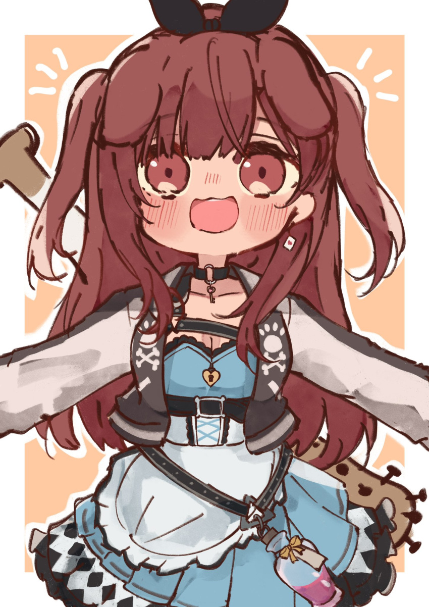1girl, :d, animal_ears, apron, baseball_bat, black_choker, black_hairband, black_jacket, blue_dress, blush, bow_hairband, breast_strap, brown_eyes, brown_hair, checkered_clothes, checkered_skirt, chest_belt, chest_harness, chibi, choker, cowboy_shot, dog_ears, dress, earrings, extra_ears, frilled_apron, frills, hairband, harness, heart-shaped_lock, highres, hololive, inugami_korone, inugami_korone_(6th_costume), jacket, jewelry, key_necklace, letterman_jacket, long_hair, looking_at_viewer, nail, nail_bat, necklace, o-ring, o-ring_choker, official_alternate_costume, official_alternate_hairstyle, open_mouth, outstretched_arms, playing_card_earrings, potion, raglan_sleeves, short_dress, skirt, skirt_under_dress, smile, solo, sukajan, two_side_up, underbust, vial, virtual_youtuber, waist_apron, weapon, weapon_on_back, whcamellia00, white_apron, white_sleeves