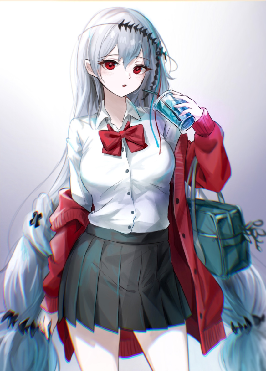1girl, absurdres, arknights, bag, bendy_straw, black_skirt, bow, bowtie, breasts, chromatic_aberration, collared_shirt, commentary_request, cup, disposable_cup, dress_shirt, drinking_straw, garvini, gradient_background, grey_background, grey_hair, hair_between_eyes, hand_up, highres, holding, holding_cup, jacket, long_hair, long_sleeves, looking_at_viewer, medium_breasts, off_shoulder, open_clothes, open_jacket, parted_lips, pleated_skirt, puffy_long_sleeves, puffy_sleeves, red_bow, red_bowtie, red_eyes, red_jacket, school_bag, school_uniform, shirt, skadi_(arknights), skirt, sleeves_past_wrists, solo, very_long_hair, white_background, white_shirt