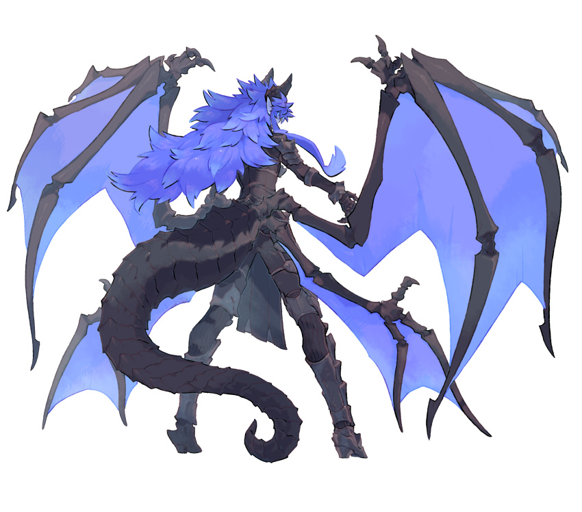1boy, armor, black_horns, black_scales, black_sclera, blue_eyes, blue_hair, blue_skin