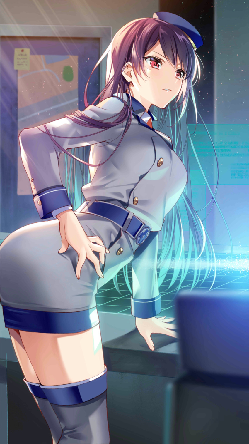 1girl, ass, belt, beret, blue_belt, blue_headwear, boots, breasts