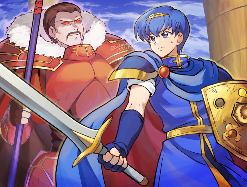 2boys, absurdres, betabetamaru, blue_cape, blue_eyes, blue_hair, brown_hair, cape, facial_hair, fingerless_gloves, fire_emblem, fire_emblem:_mystery_of_the_emblem, fur_trim, gloves, gradivus, hardin_(dark_emperor)_(fire_emblem), hardin_(fire_emblem), highres, holding, holding_polearm, holding_sword, holding_weapon, marth_(fire_emblem), multiple_boys, mustache, polearm, red_armor, red_cape, smile, sword, weapon