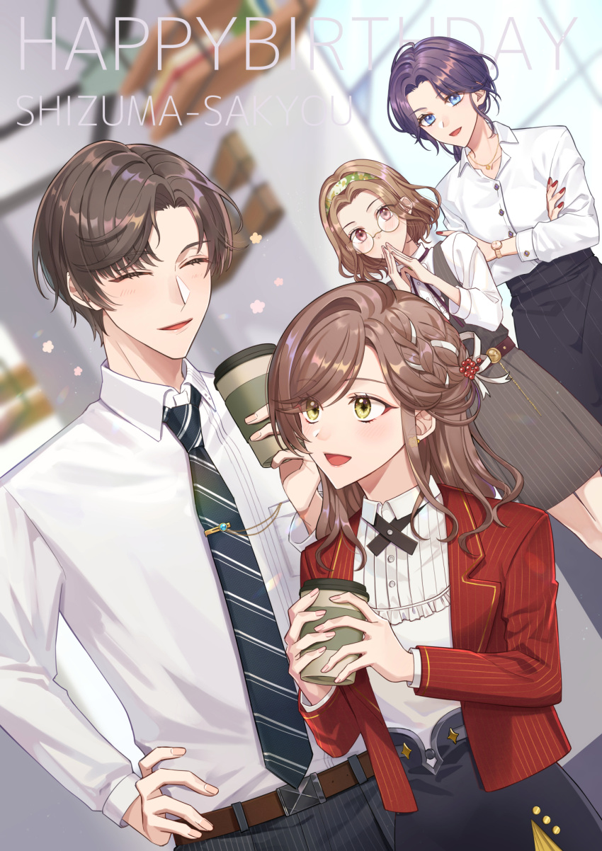 1boy, 3girls, :d, artem_wing_(tears_of_themis), belt, black_necktie, black_skirt, blue_eyes, blue_pants, blurry, blurry_background, brown_belt, brown_dress, brown_eyes, brown_hair, celestine_taylor, closed_eyes, coffee, collared_shirt, cup, disposable_cup, dress, green_eyes, hair_ornament, hand_on_own_hip, happy_birthday, headband, highres, hizaki_sui, holding, holding_cup, jacket, kiki_bennet, long_hair, long_sleeves, multiple_girls, nail_polish, necktie, open_mouth, pants, pinafore_dress, purple_hair, red_jacket, red_nails, rosa_(tears_of_themis), shirt, short_hair, skirt, sleeveless, sleeveless_dress, smile, tears_of_themis, white_shirt, window